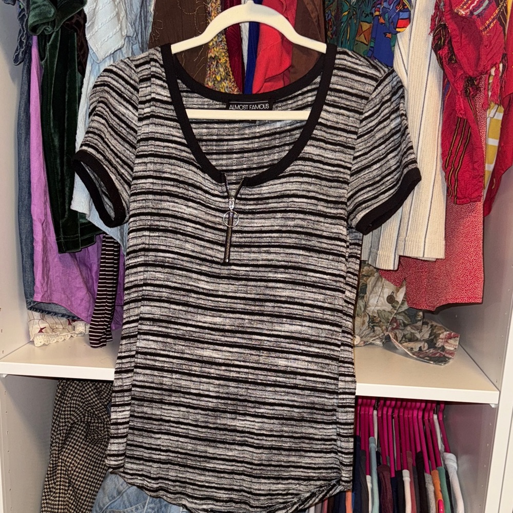 Almost Famous Black and Gray Striped Tee